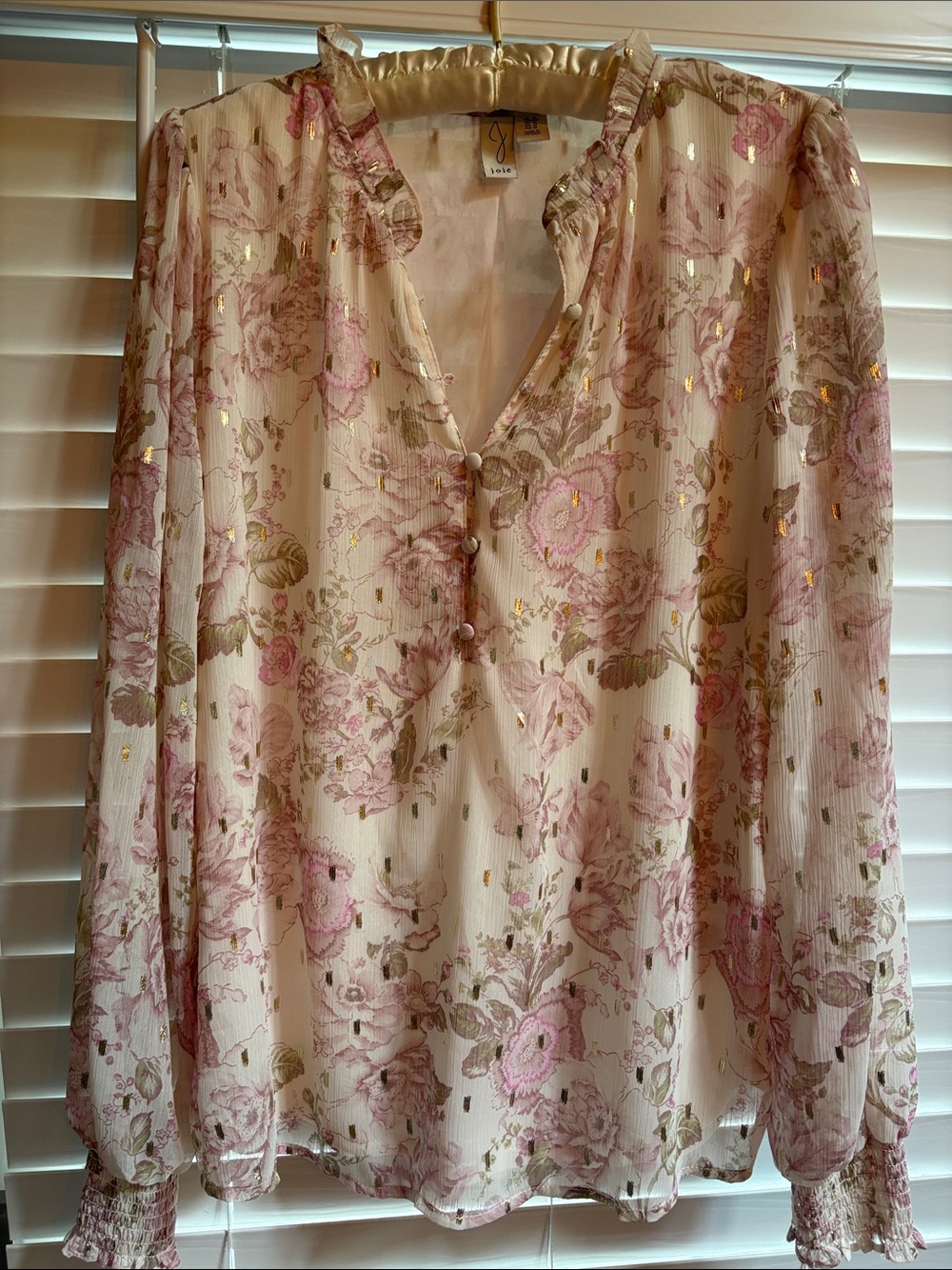 Joie Cream Floral Blouse with Pink and Gold Accents
